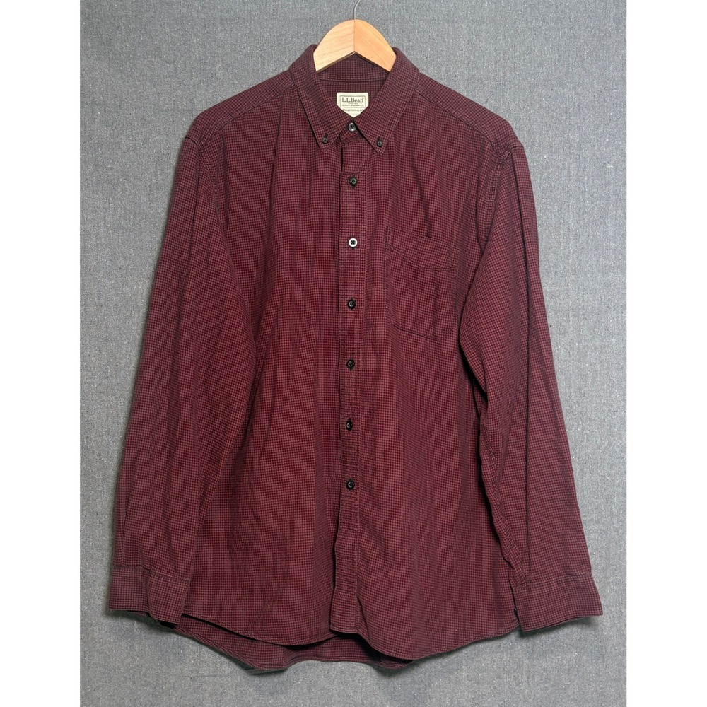 LL Bean Mens Traditional Fit Cotton Micro Check Button Down Shirt Burgundy Large